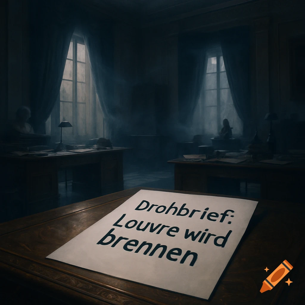 Close-up of a white paper with 'Drohbrief: Louvre wird brennen' (Threat letter: Louvre will burn) on a dark wooden desk in a dim office.