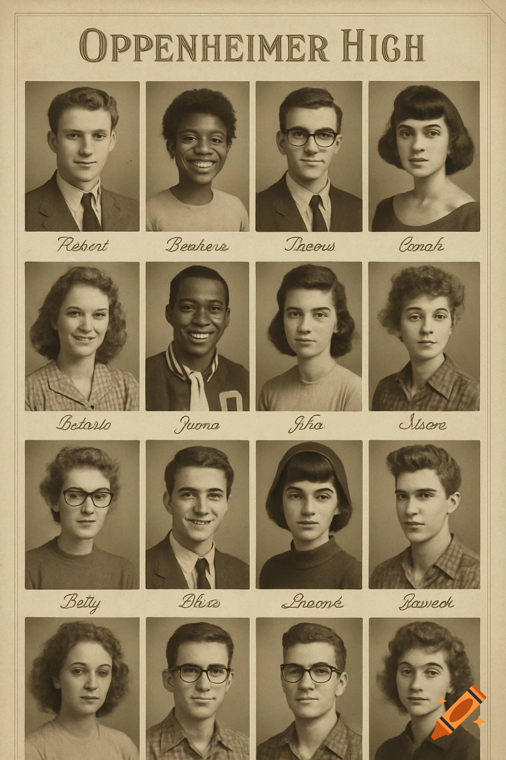 A vintage sepia-toned yearbook page titled "Oppenheimer High" displaying 16 individual portrait photos of students, each with a name beneath.