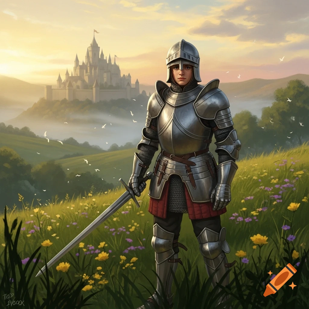 A young knight in full armor stands in a sunny field of wildflowers, holding a sword. A castle is visible on a misty hill in the background.