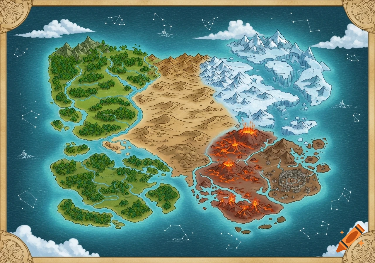A vibrant fantasy world map showing lush forests, arid deserts, icy mountains, and volcanic lands with ruins, bordered by an ornate frame.