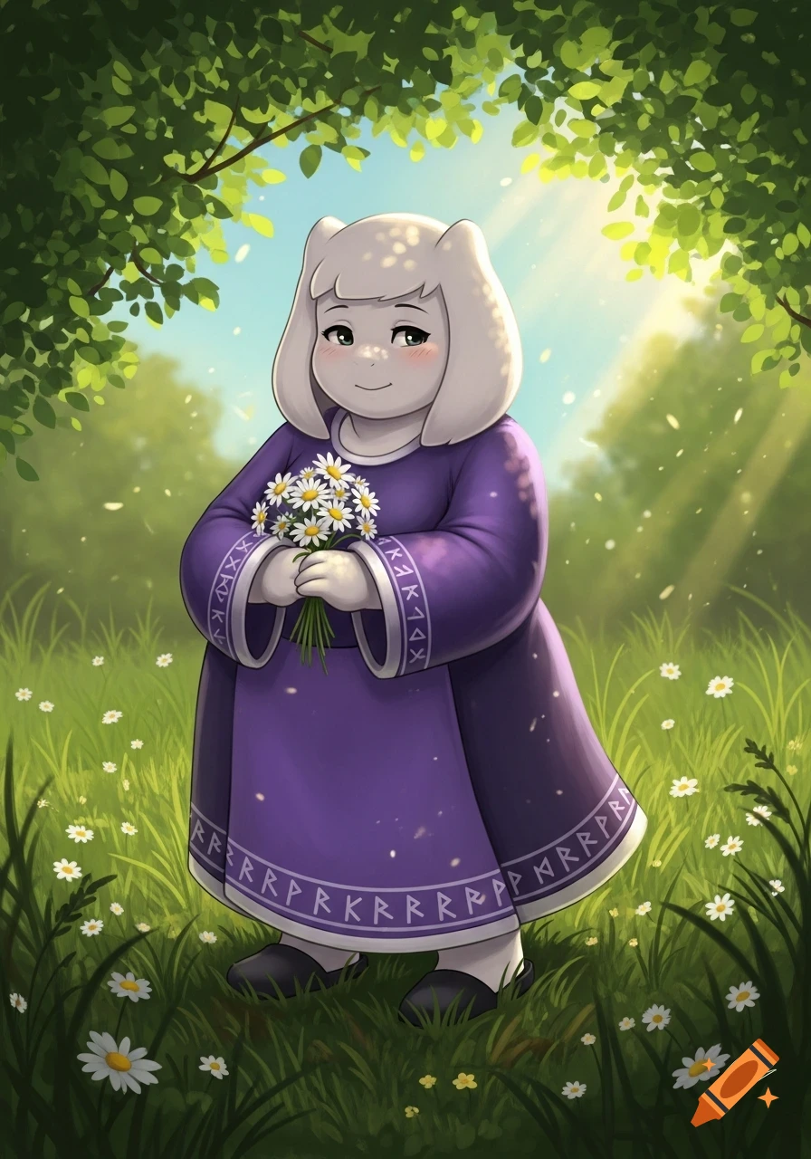 An anthropomorphic goat-like character in a purple robe with runic patterns stands in a sunny field, holding a bouquet of daisies.