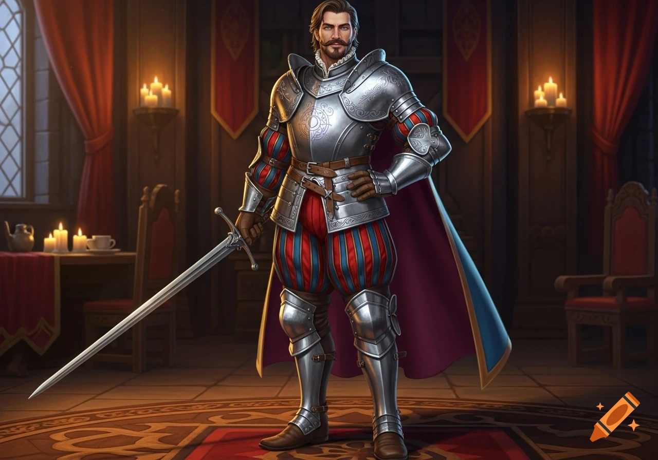 A handsome man in shining silver armor and red and blue striped breeches stands holding a sword in a candlelit, opulent room.
