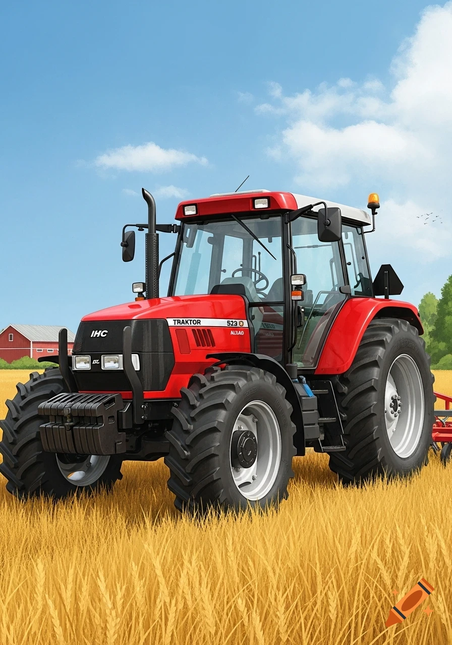 A red tractor with "IHC Traktor 523 Allrad" text stands in a golden wheat field under a blue sky, with a red barn in the distance.