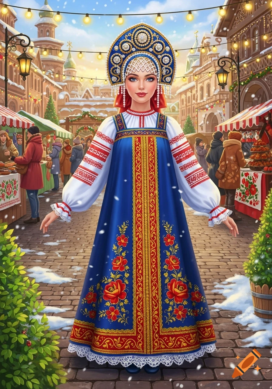A woman in a blue and red traditional Russian dress and kokoshnik stands in a snowy winter market scene.
