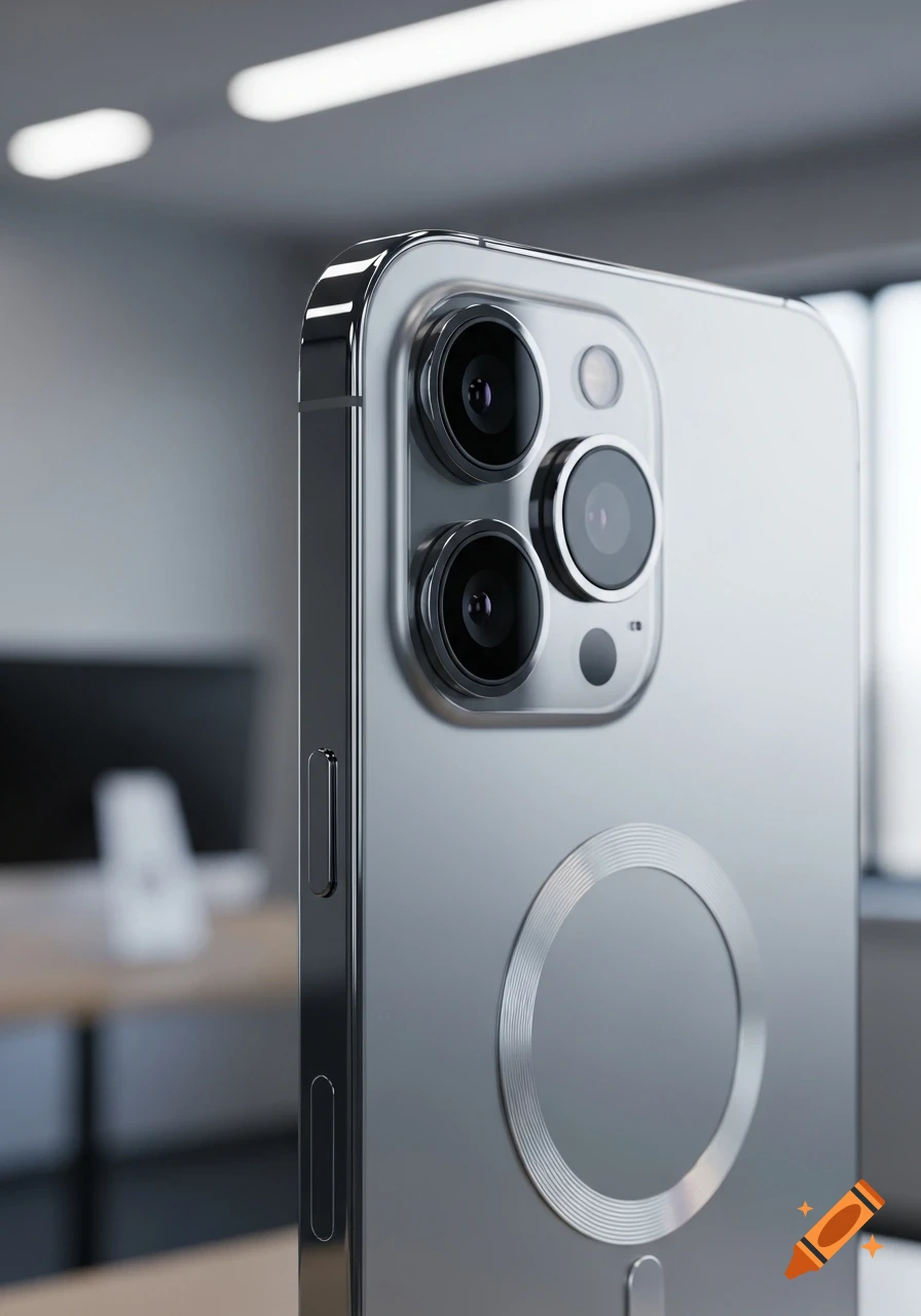 Close-up of a silver smartphone's back, showing its triple camera system, side buttons, and a circular MagSafe-like ring.