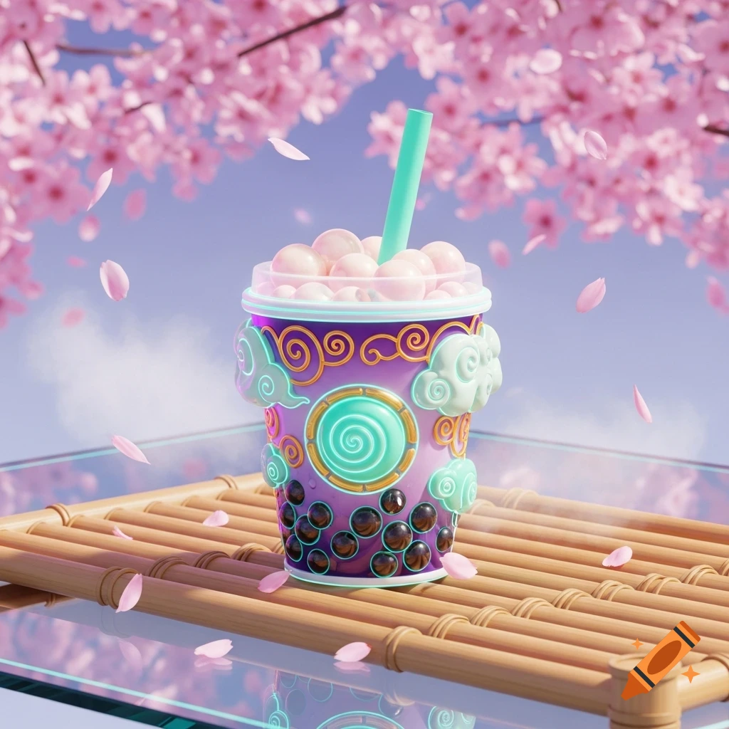 A stylized purple and teal bubble tea cup with pink tapioca and a green straw, on a bamboo mat under cherry blossoms, 3D render.