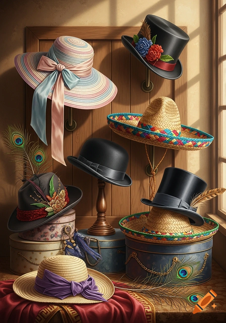 A detailed still life of assorted hats including straw, top, and bowler styles, displayed on a wooden wall and decorative boxes.