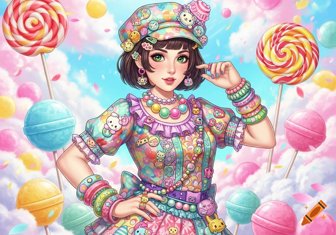Vibrant anime girl in a colorful decora fashion outfit with charms, surrounded by lollipops and candies.