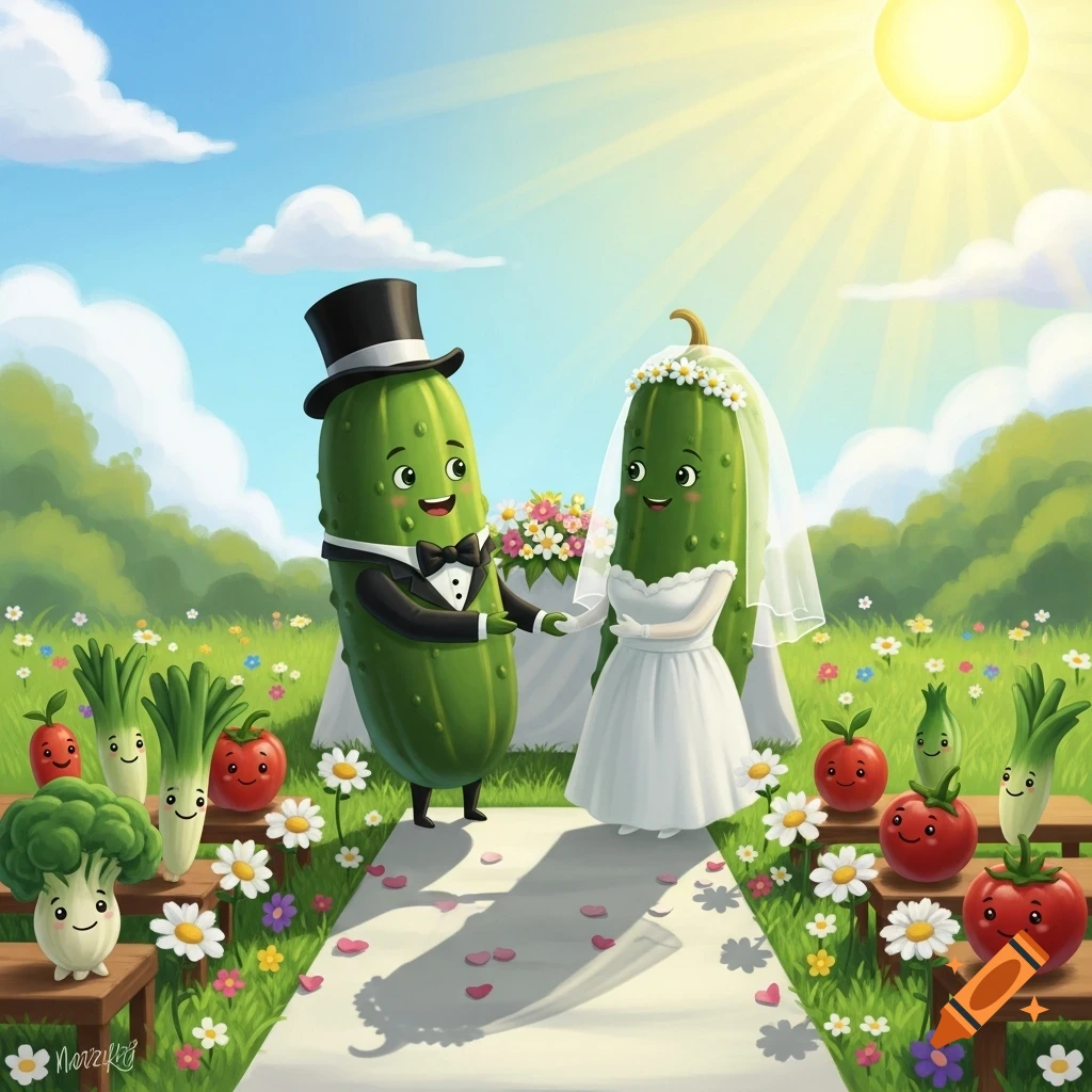 Two smiling cartoon pickles, dressed as a bride and groom, hold hands at an outdoor wedding with other vegetable guests.