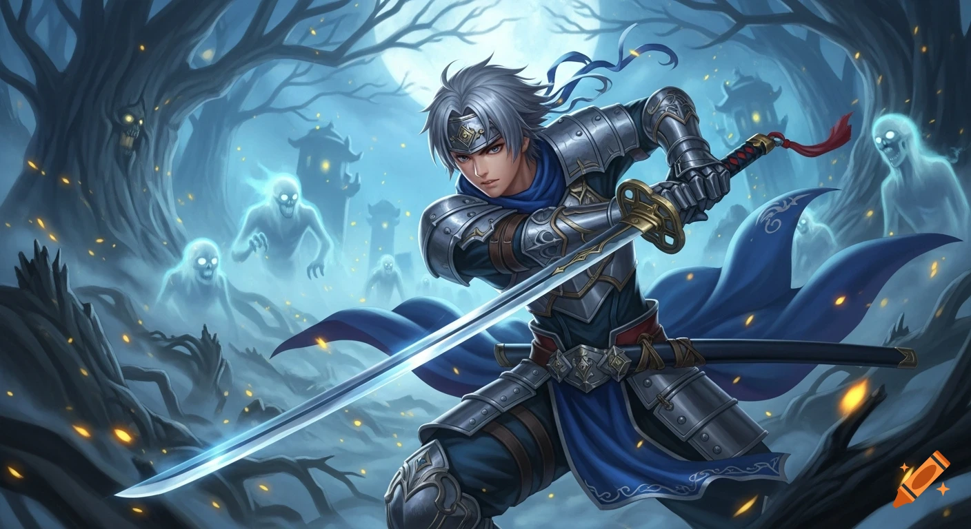 Anime swordsman with silver hair and blue armor holding a glowing katana, battling ethereal blue ghosts in a dark forest.