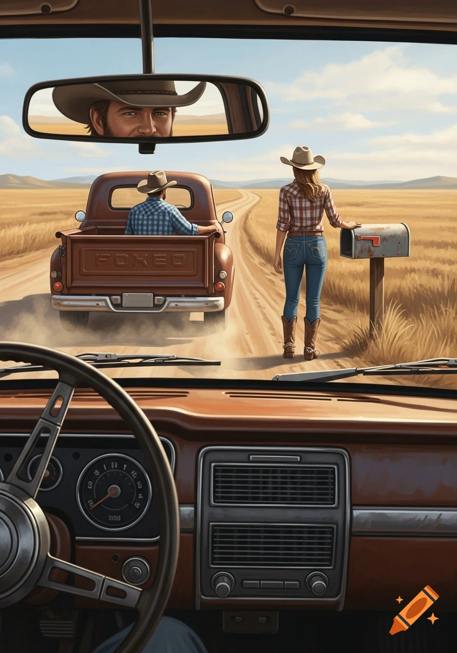 Digital painting from inside a truck, a cowboy drives on a dirt road, seeing his wife waving from a mailbox in the rearview mirror.