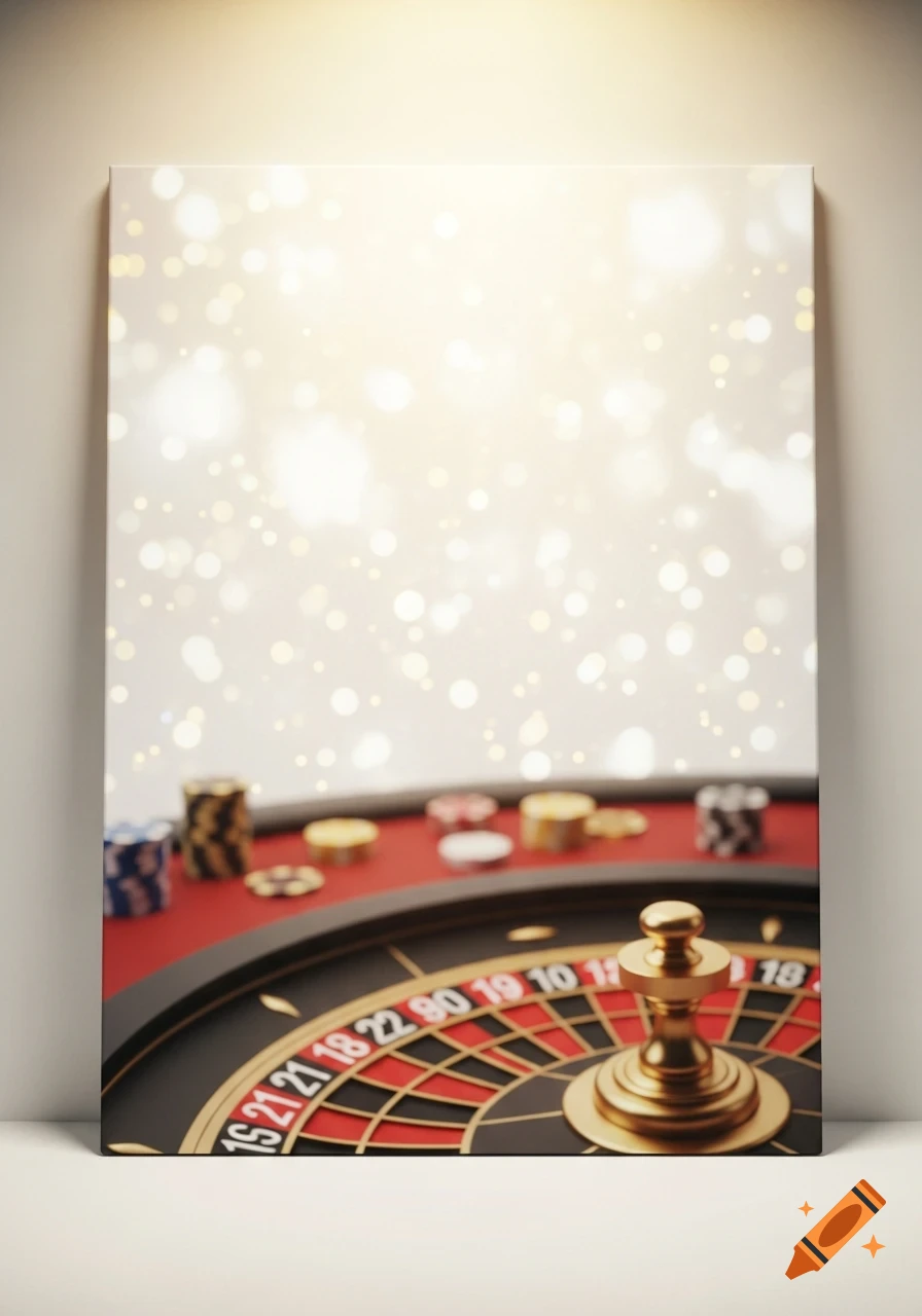 A close-up of a roulette wheel with chips on a red table, set against a blurred, shimmering white and golden bokeh background. The roulette features numbers and a golden marker.