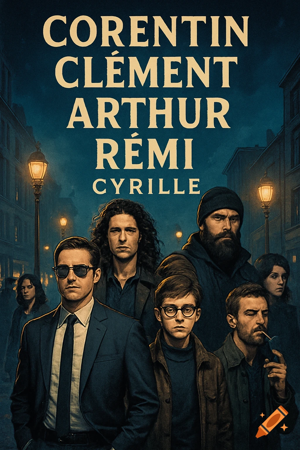 A group of serious-looking men stand in a dark, wet city street at night, resembling a cinematic book cover with titles above them.