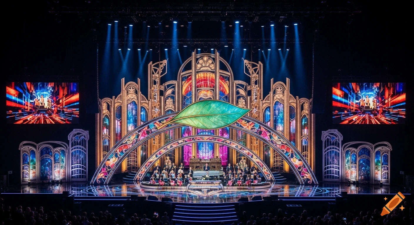 Grand Art Nouveau concert stage with a large green leaf, stained-glass arches, a musical ensemble, and bright spotlights.