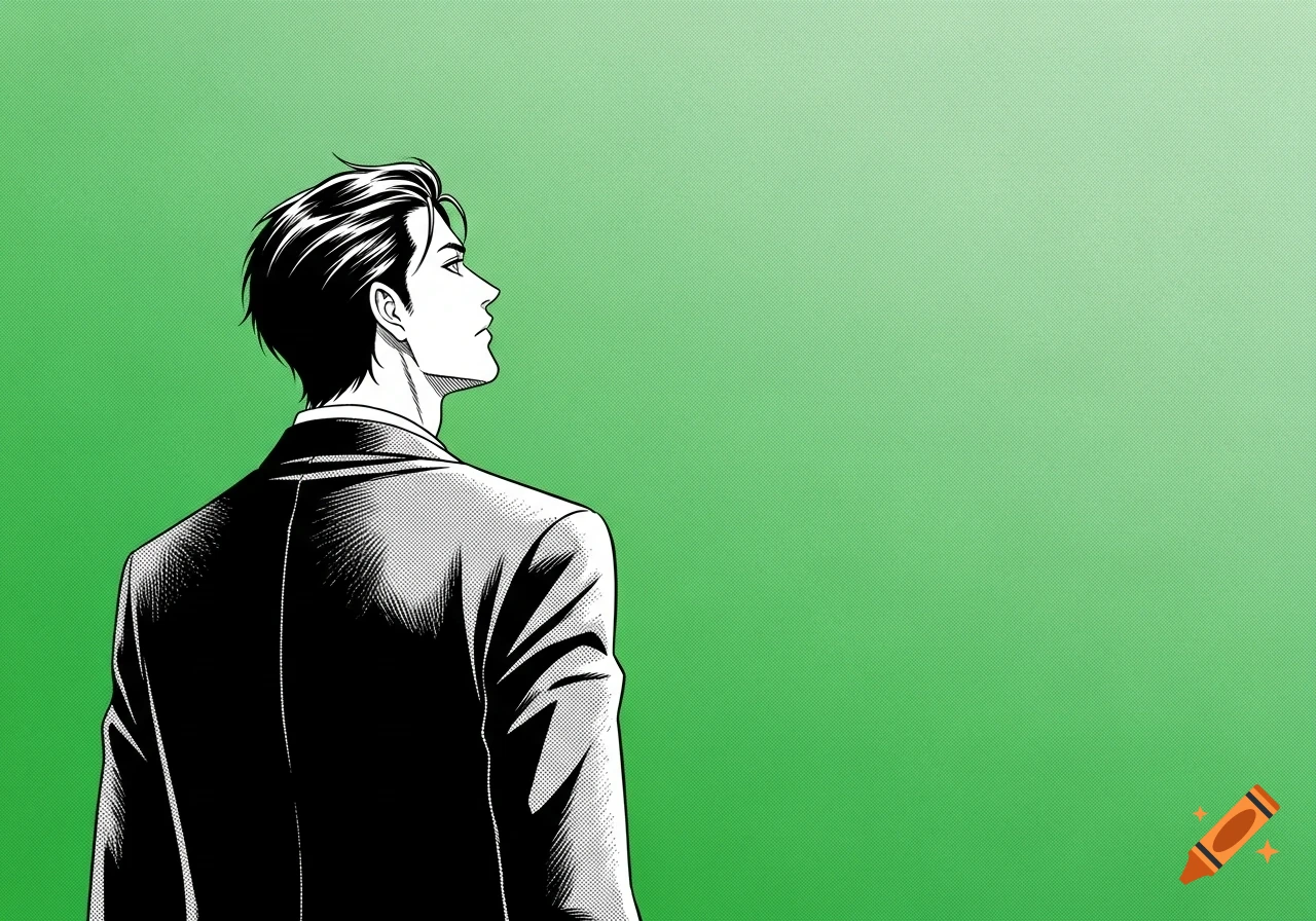 Manga-style illustration of a man in a suit, seen from the back, looking up and right against a solid green background.