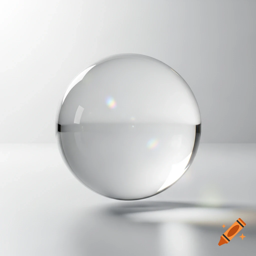 A clear, empty glass sphere floating slightly above a white surface, displaying subtle light reflections and refractions.