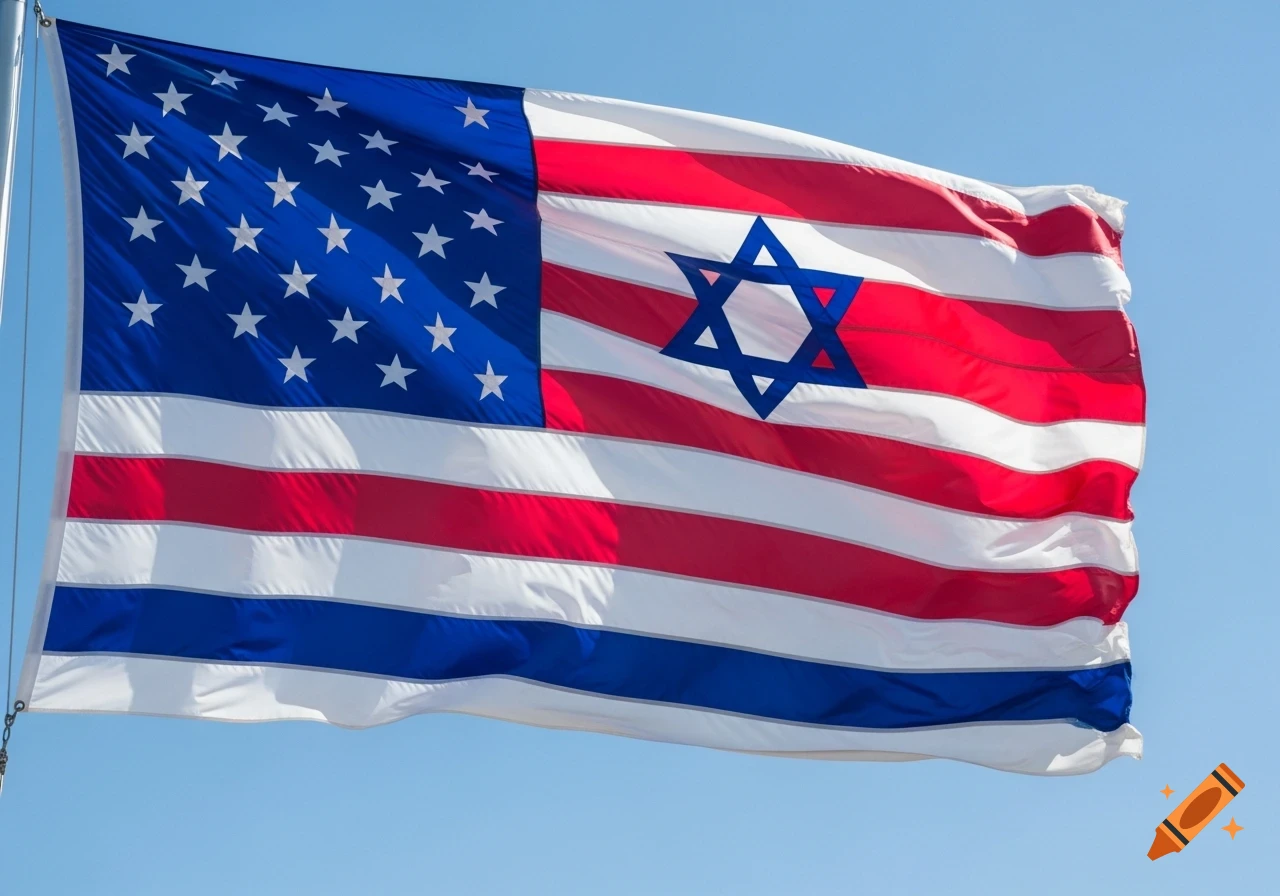 A hybrid flag with a blue canton and white stars, red and white stripes, and a large blue Star of David in the center, against a clear blue sky.