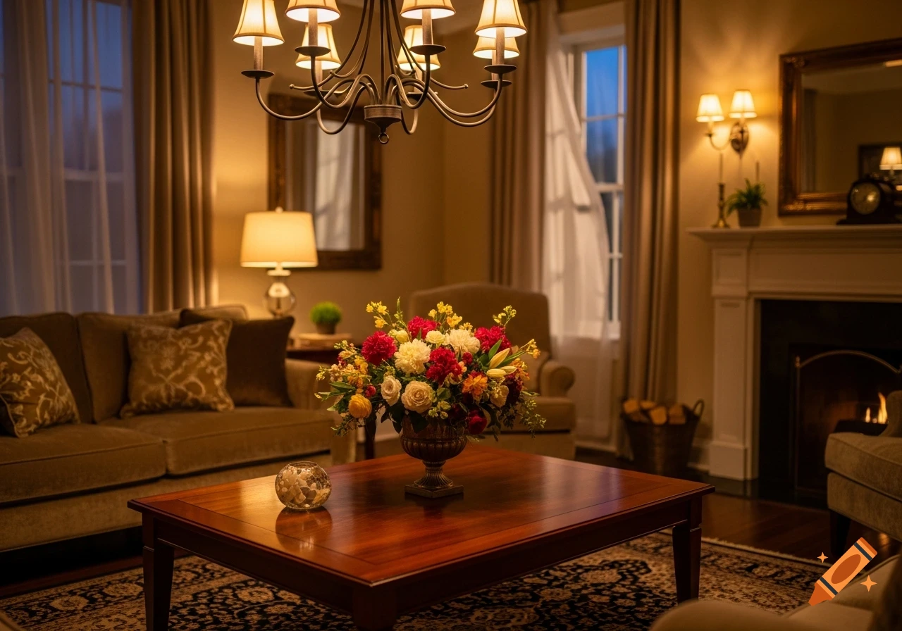 A warm, inviting living room with a large floral centerpiece on a wooden coffee table, surrounded by a sofa, chandelier, and a lit fireplace at dusk.