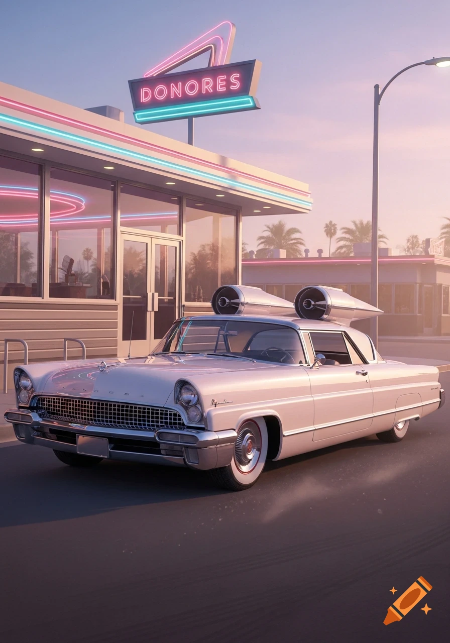 A stylized 1950s car with futuristic rocket engines on its roof, parked in front of a retro diner with a neon "DONORES" sign at dusk.