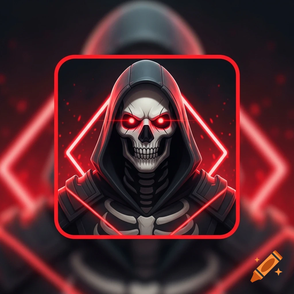 A stylized gaming avatar of a hooded skull figure with glowing red eyes and red neon accents on a dark background.