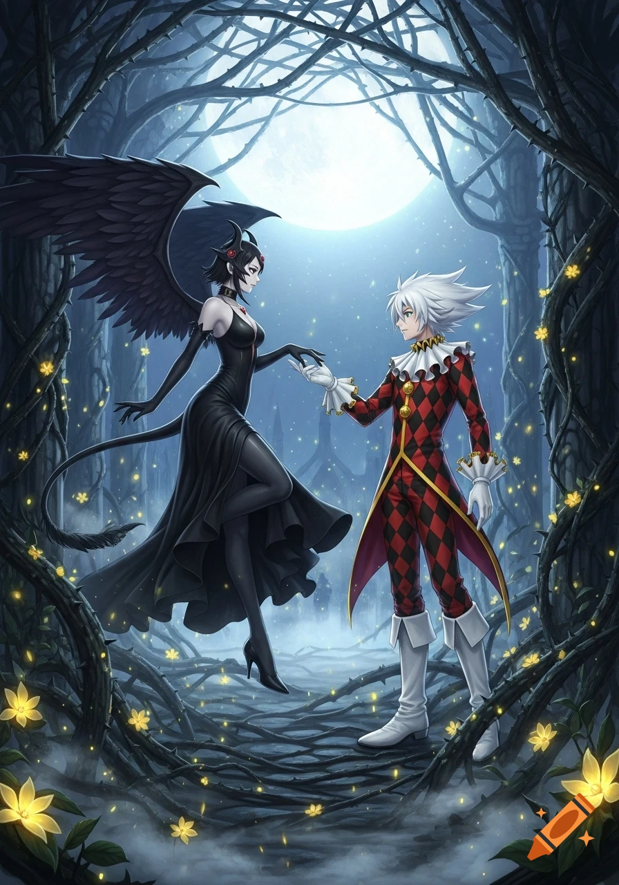 Anime art of a demon woman with black wings and a harlequin man holding hands in a moonlit, gnarled forest with glowing flowers.