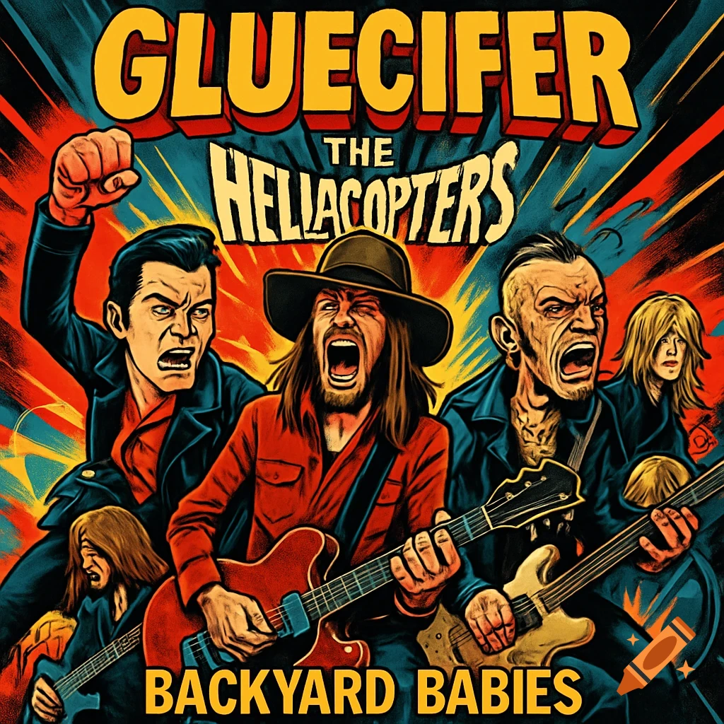 A vibrant comic art style album cover featuring a rock band with members singing and playing guitars. Band names: Gluecifer, The Hellacopters, Backyard Babies.