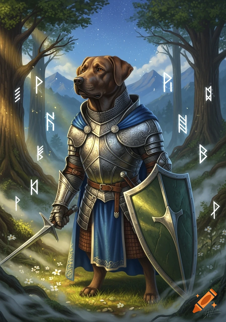 A majestic brown Labrador dog in ornate silver knight armor with a blue cape holds a sword and shield in a mystical forest with glowing runes.