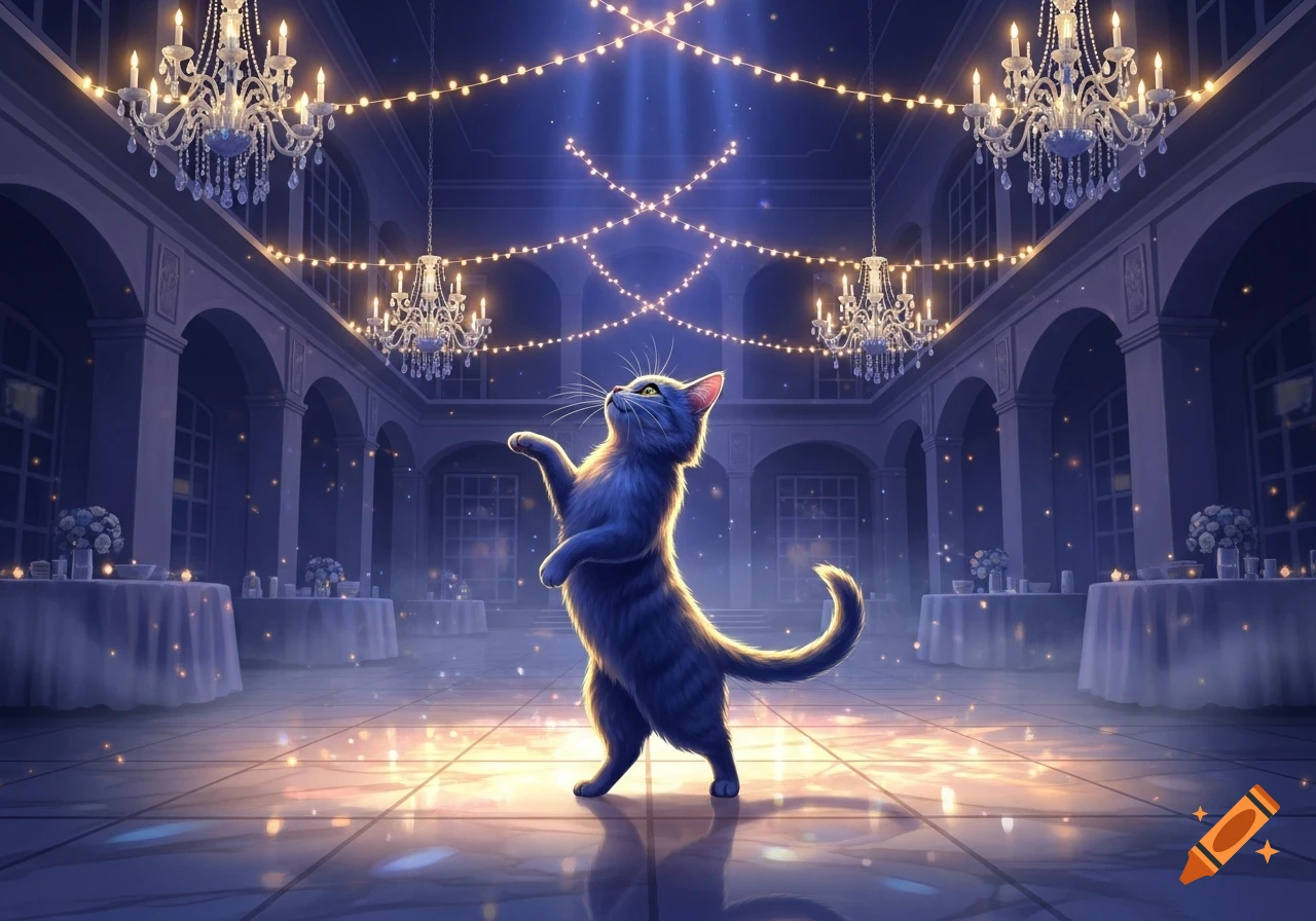 A gray cat stands on its hind legs, looking up, in a grand, dimly lit ballroom with chandeliers and string lights.