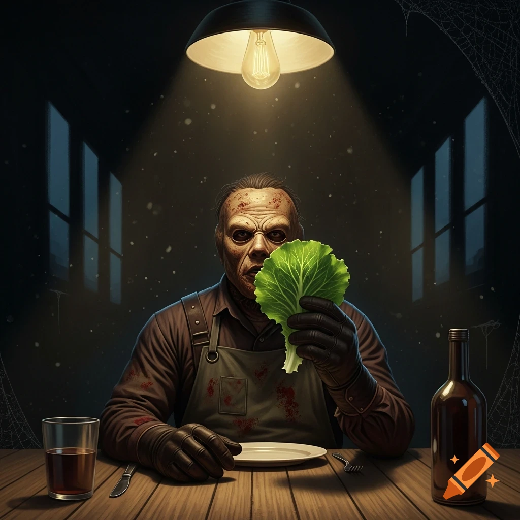 A scarred man resembling Leatherface, wearing a blood-stained apron, sits at a wooden table under a dim light, holding a large lettuce leaf.
