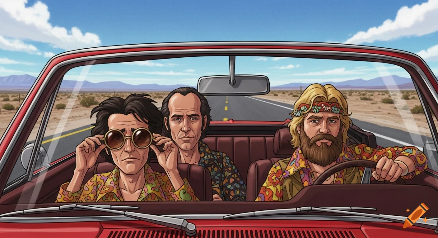 Three men in a red convertible driving on a desert highway under a clear blue sky, in a cartoon style.