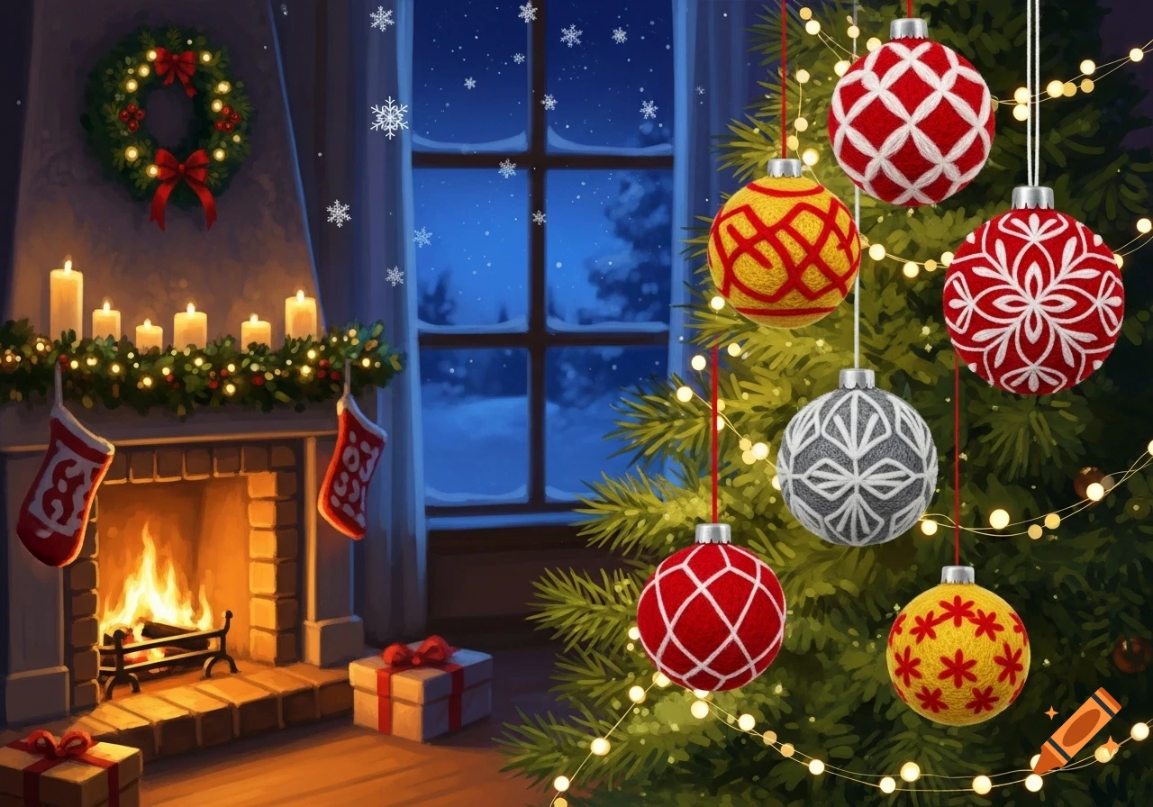 A festive Christmas scene with a decorated tree, glowing fireplace, stockings, and gifts, as snow falls outside a window.