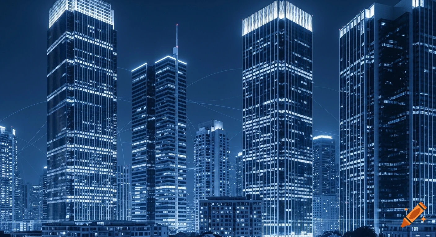 Professional illustration of modern corporate skyscrapers and office buildings with lit windows at night, in a blue cityscape.