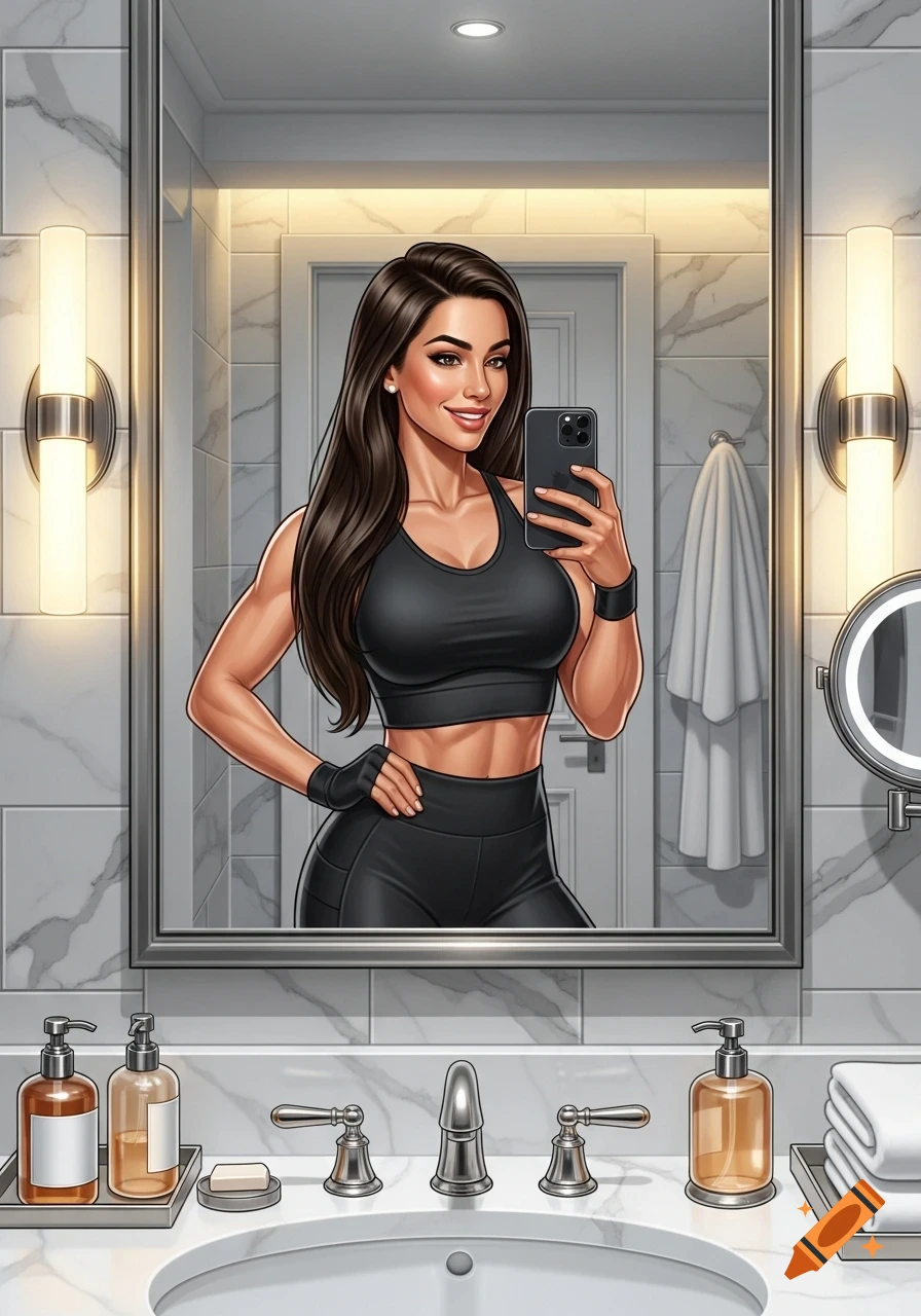 A cartoon woman in black workout clothes takes a selfie in a modern bathroom mirror.