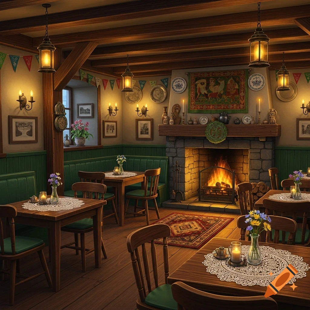 Cozy interior of a traditional Irish inn with a stone fireplace, wooden tables, green booth seating, and lantern lighting.