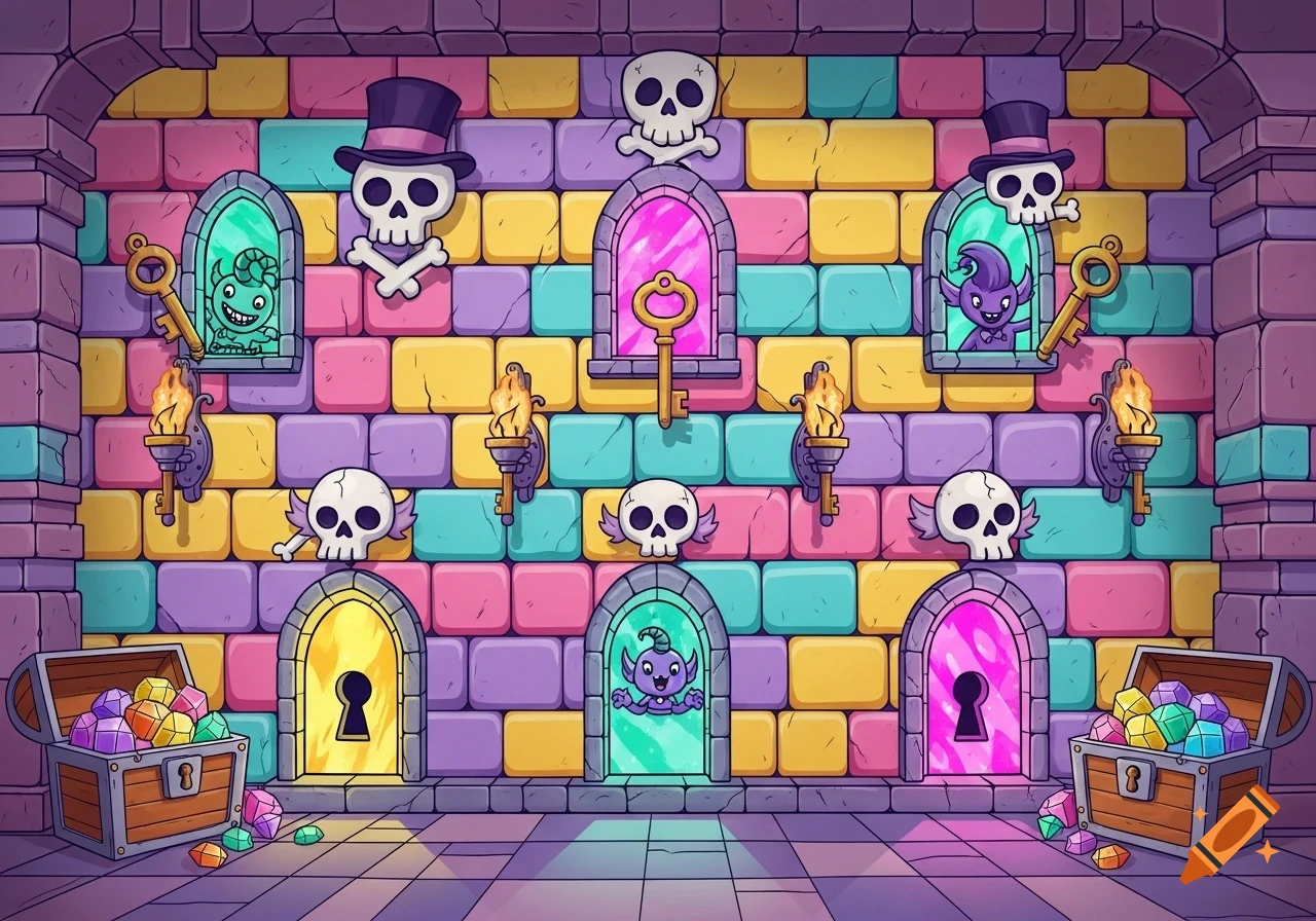 A colorful cartoonish dungeon room wall with arched doors, windows, skulls, keys, torches, and treasure chests.