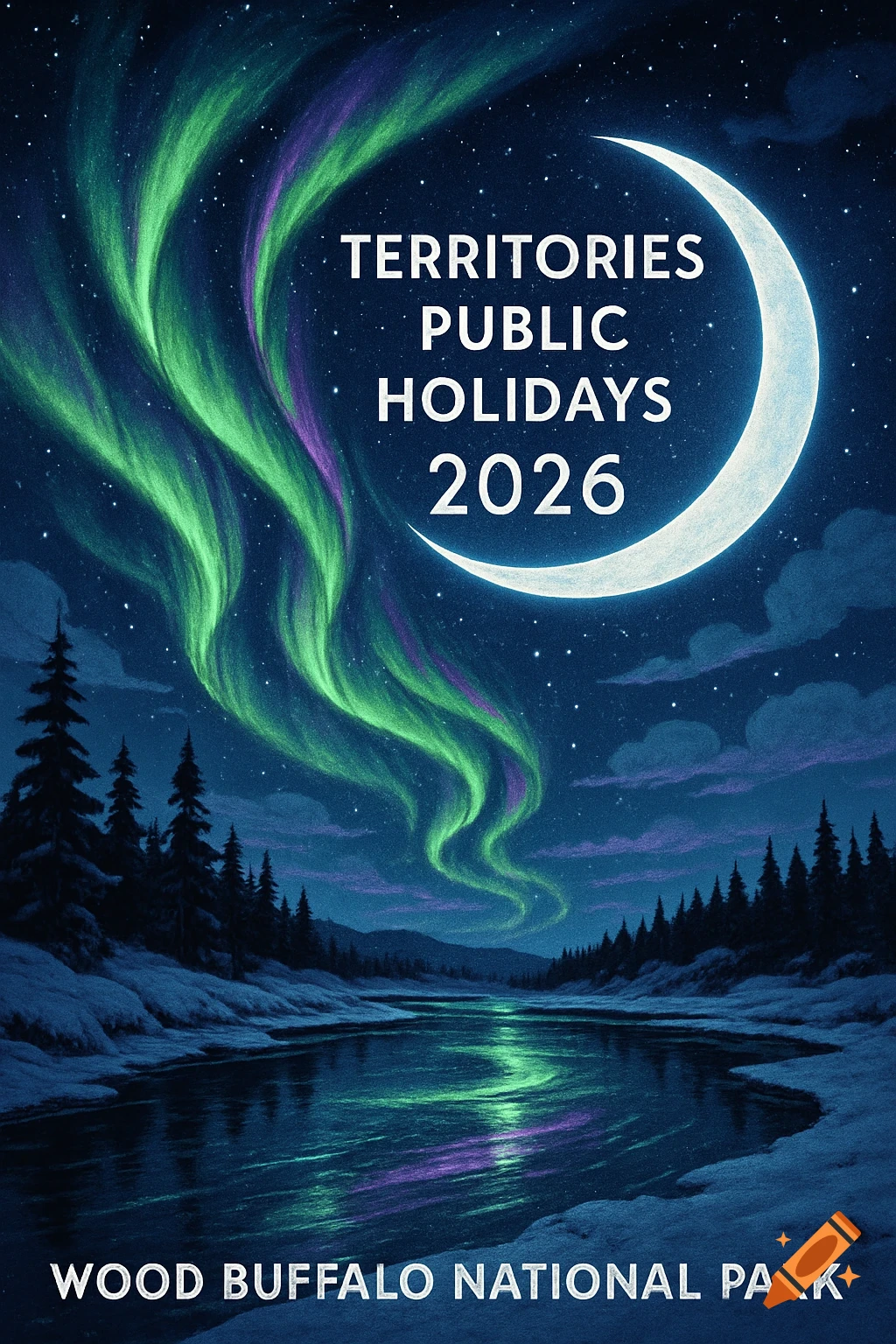 Winter night scene with green and purple aurora borealis over a river, snow, pine trees, and a crescent moon. Text is present.