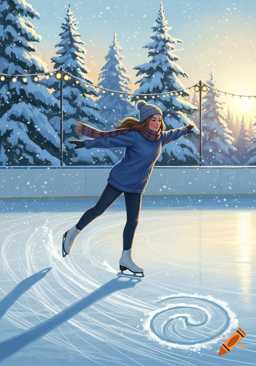 A smiling young woman in a blue coat, hat, and scarf ice skates outdoors on a snowy winter day, leaving a swirl on the ice. Snow-covered pine trees and string lights are in the background.