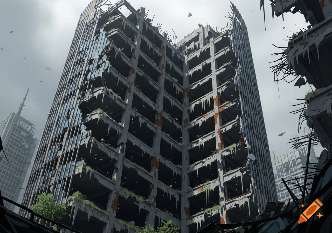 A low-angle view of a heavily damaged, multistory skyscraper with missing walls and exposed structural elements under a cloudy sky.