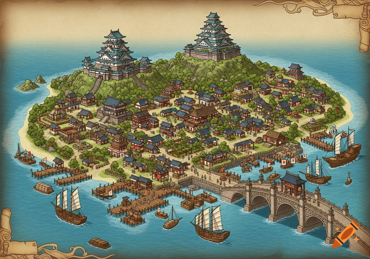 Detailed hand-drawn fantasy map of a Japanese-style island city with a castle, port, town, and a bridge.