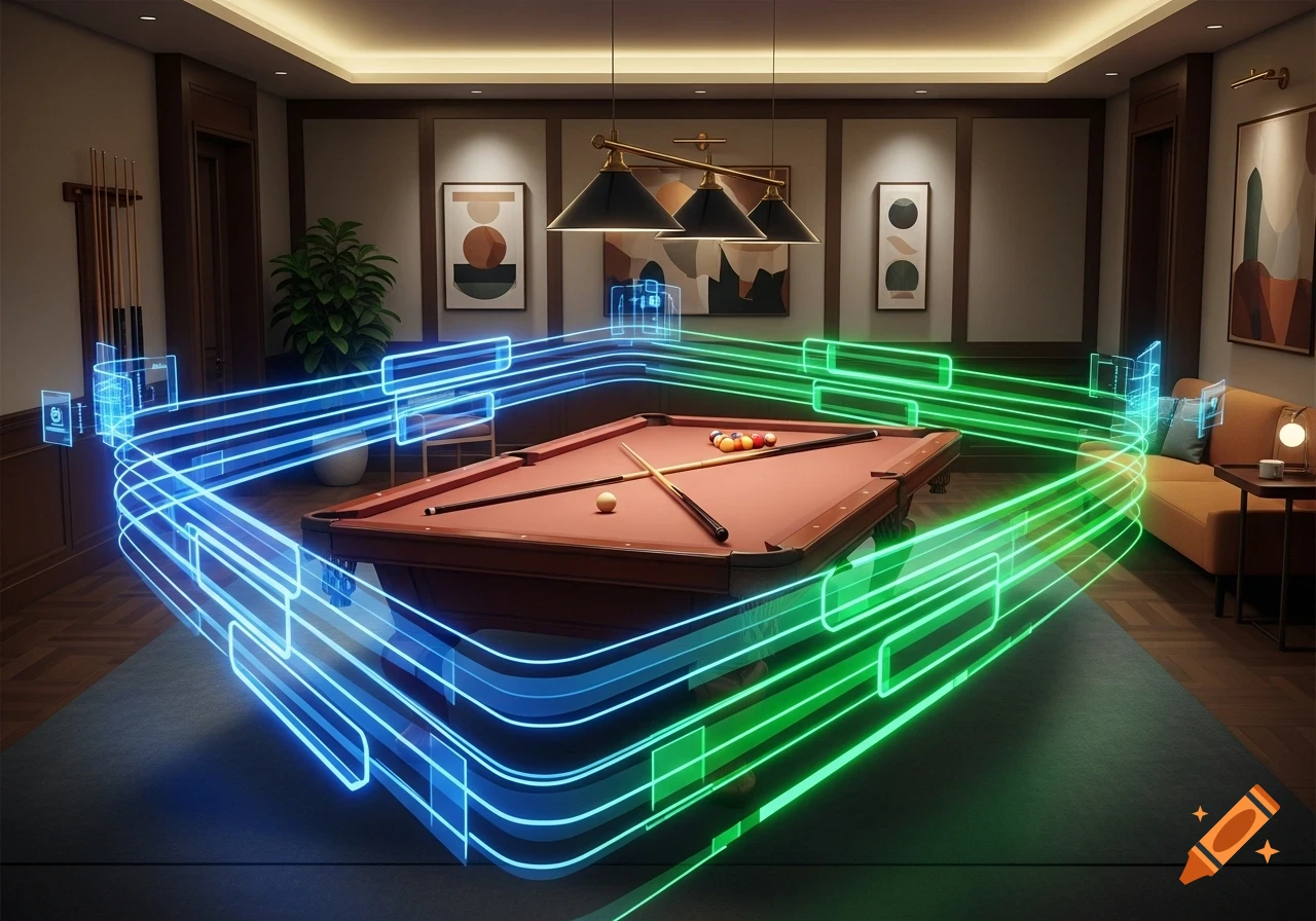 Photorealistic image of a billiards room with a pool table, encompassed by glowing blue and green futuristic data streams and holographic elements.