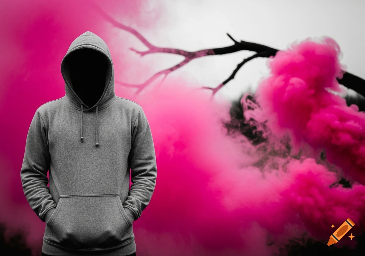 Person in grey hoodie with black void face, hands in pockets, against vibrant pink smoke and dark tree branches.