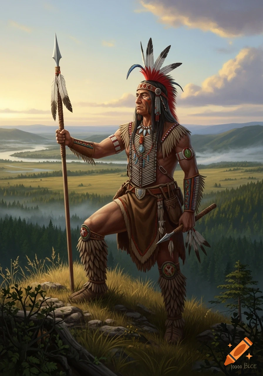 A dignified chief in traditional attire holds a spear on a grassy hilltop, overlooking a vast, misty river valley at sunset.