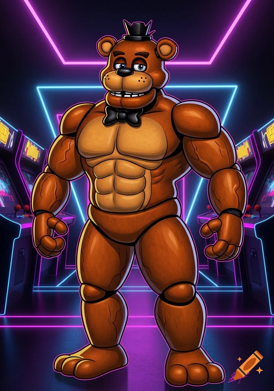Muscular Freddy Fazbear with a top hat and bowtie stands in a neon-lit arcade, in a cartoon style.
