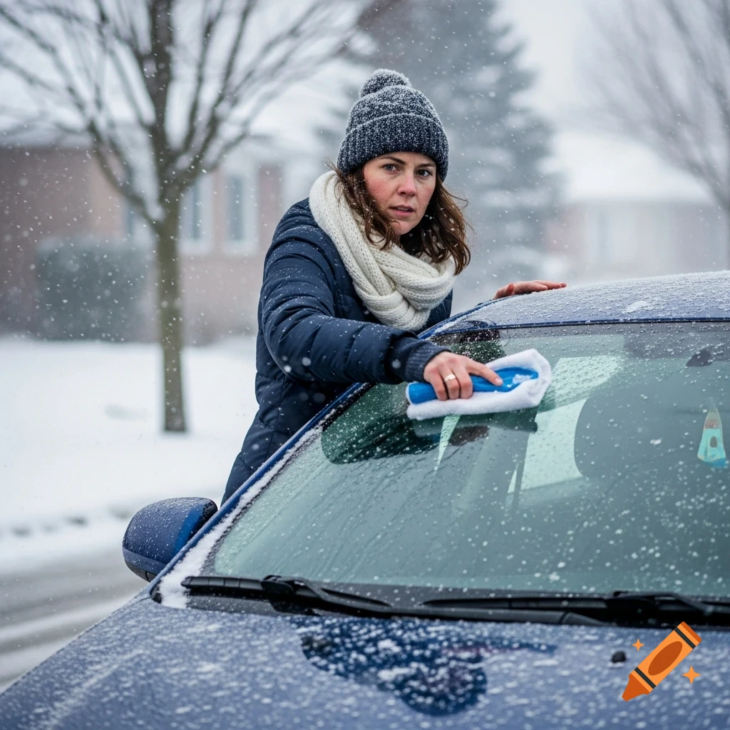 A woman in a winter hat and scarf scrapes ice off a blue car windshield during a snowstorm.