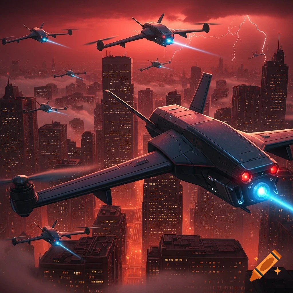 Futuristic black drones with glowing lights flying over a red-lit city at night with lightning in the sky.