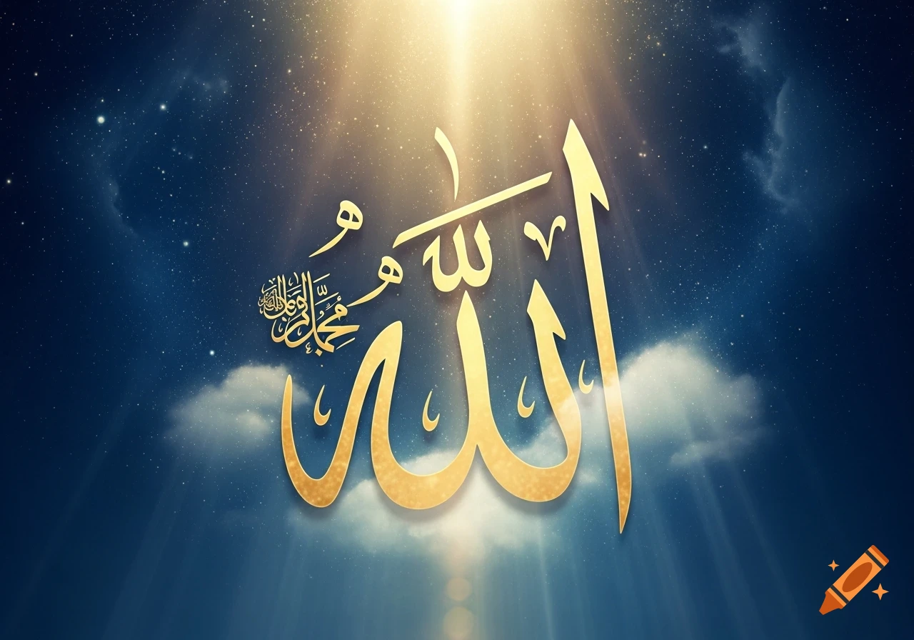 Golden Arabic calligraphy for 'Allah' and 'Muhammad' shining against a dark blue, starry night sky with white clouds and divine light rays.