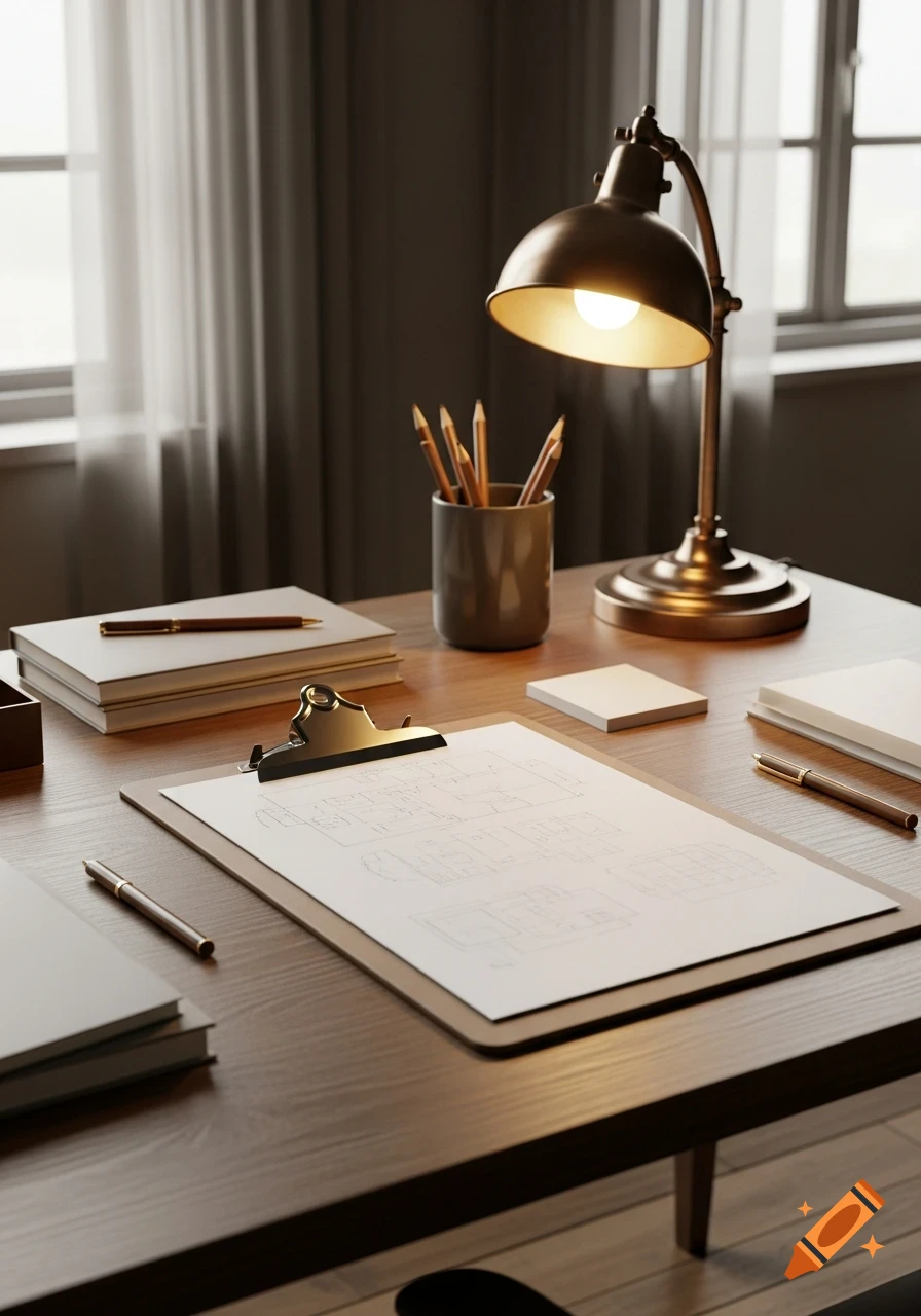 A well-lit wooden desk with a vintage lamp, clipboard, books, and pens, viewed close-up.