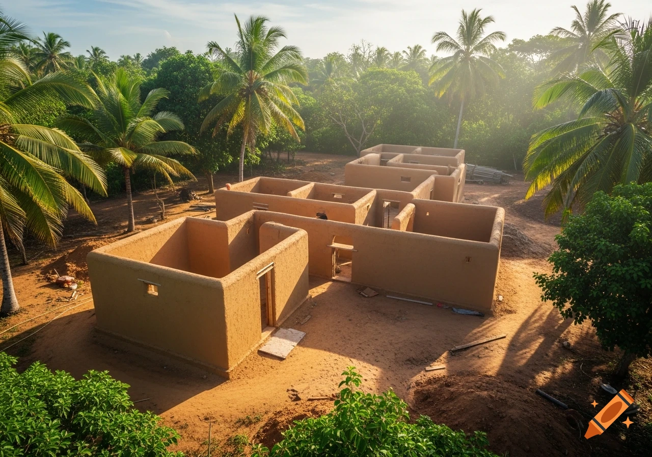 Aerial view of several rectangular earthen houses under construction on sandy ground surrounded by palm trees and lush greenery.