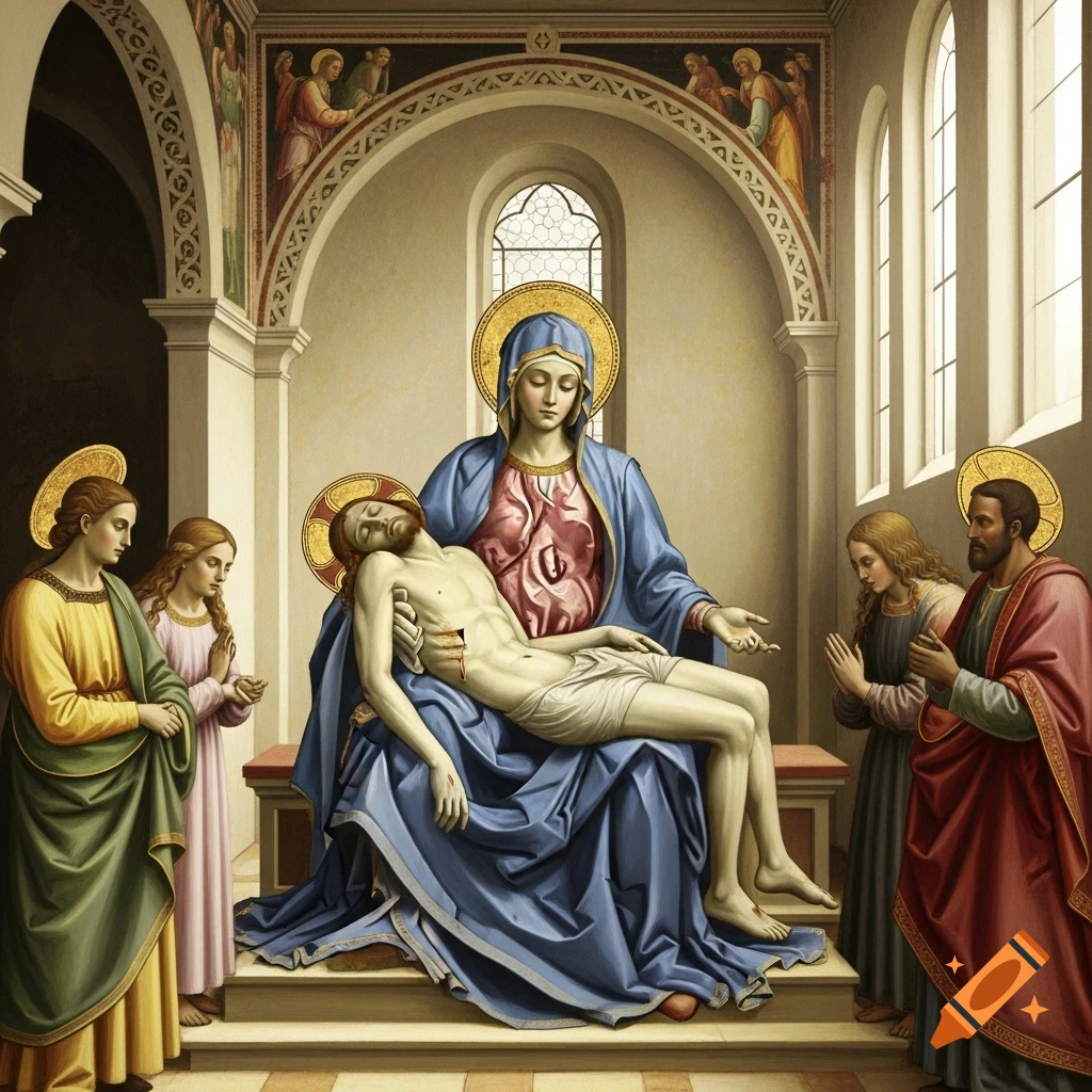 A painting in the style of Fra Angelico depicting the Pietà, with Mary cradling the body of Jesus surrounded by mourners in a church.