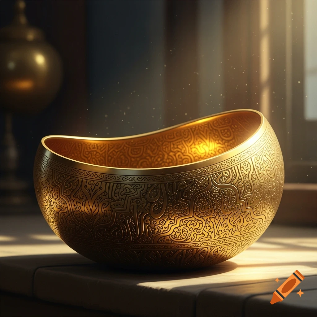 An ornate golden bowl with intricate patterns, gleaming in warm sunlight on a wooden tabletop.